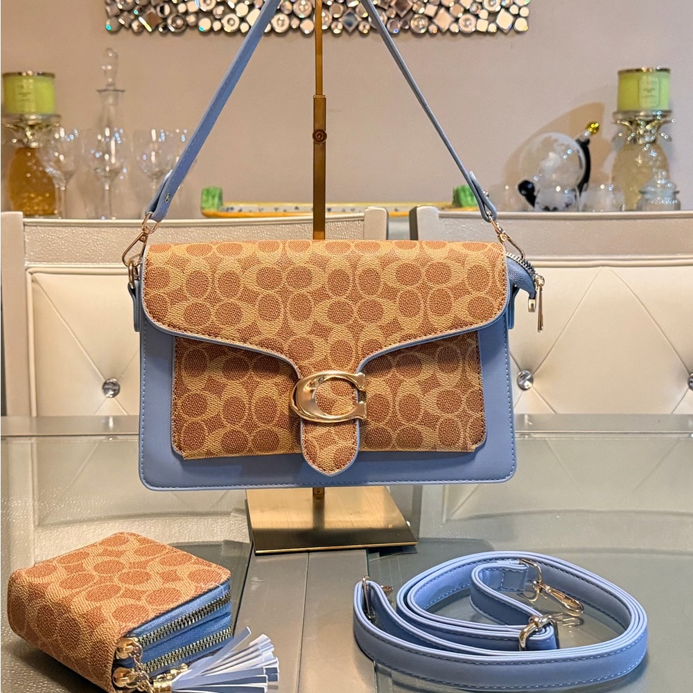 Elegant Blue and Tan Shoulder Bag